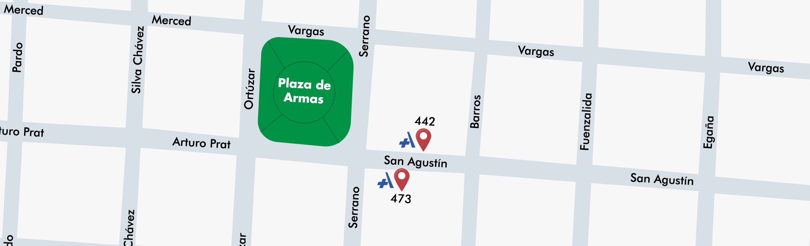 Mapa del centro de Melipilla con los edificios 442 y 473 de la clínica en calle San Agustín, a pasos de la Plaza de Armas